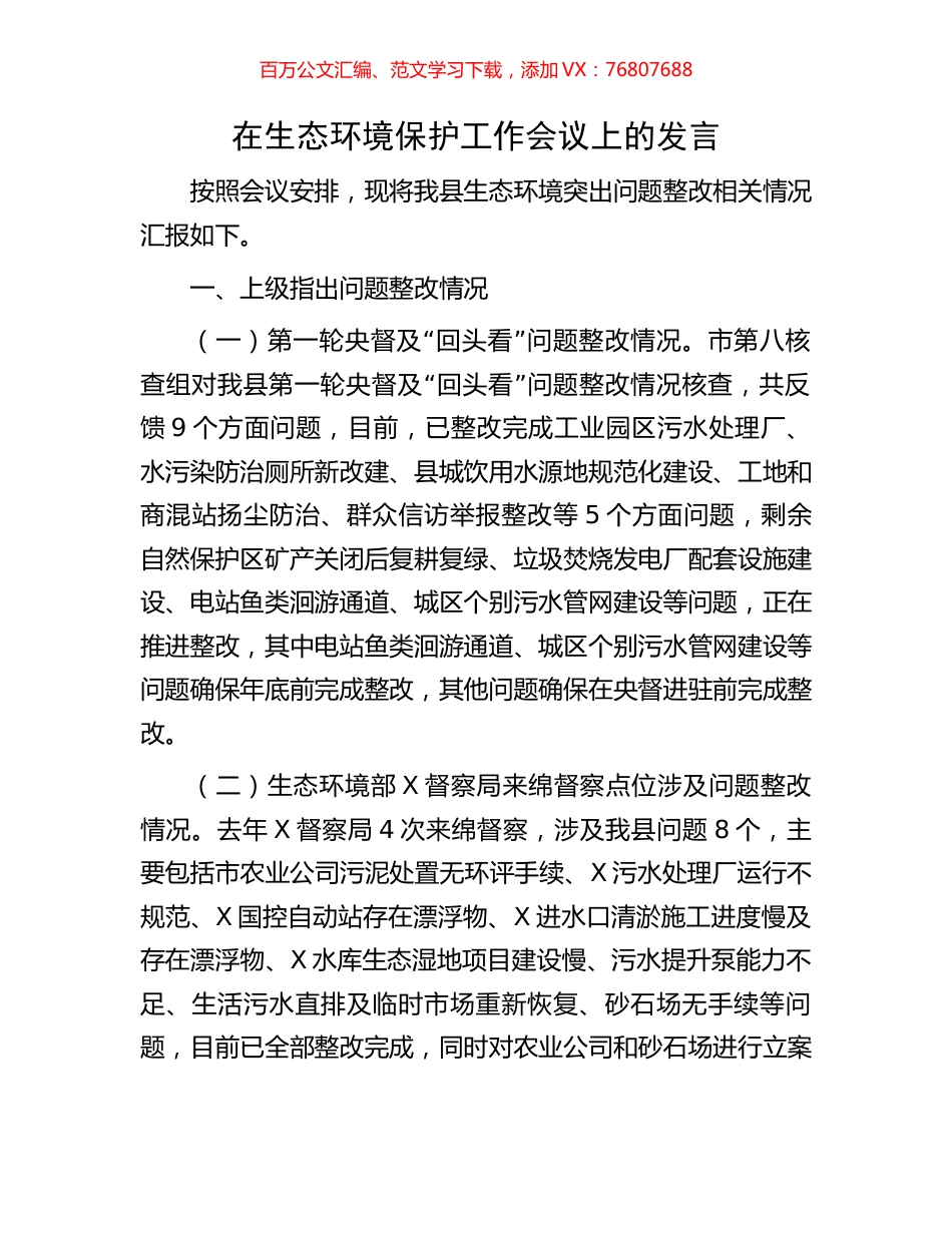 在生态环境保护工作会议上的发言.docx_第1页