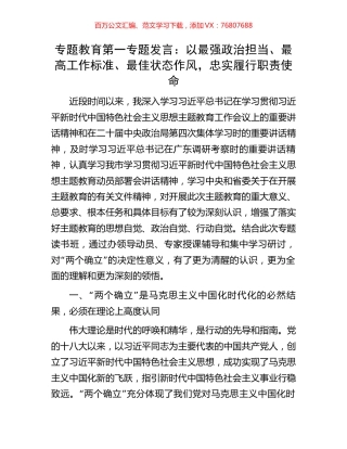 专题教育第一专题发言：以最强政治担当、最高工作标准、最佳状态作风，忠实履行职责使命.docx