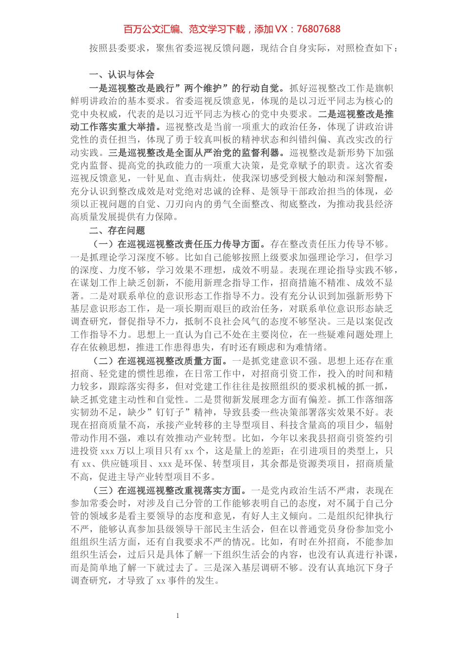 副县长巡视整改专题民主生活会对照检查发言.docx_第1页