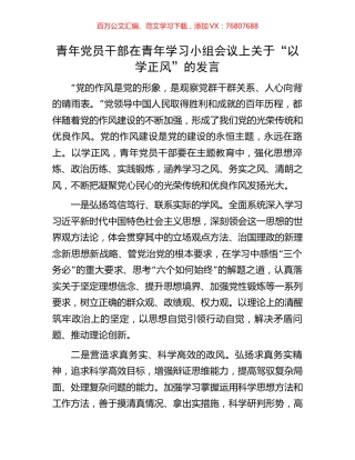 青年党员干部在青年学习小组会议上关于“以学正风”的发言.docx