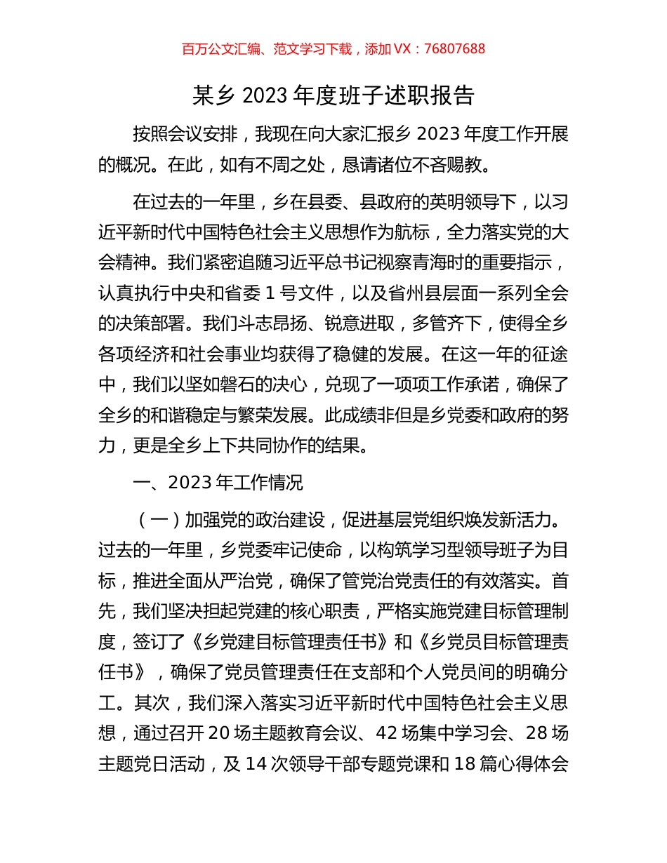 某乡2023年度班子述职报告.docx_第1页