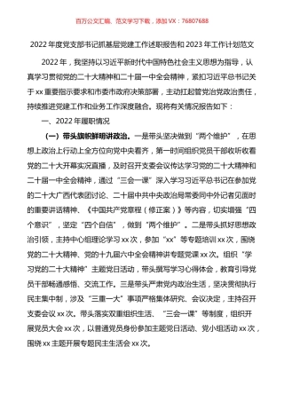2022年度党支部书记抓基层党建工作述职报告和2023年工作计划.docx