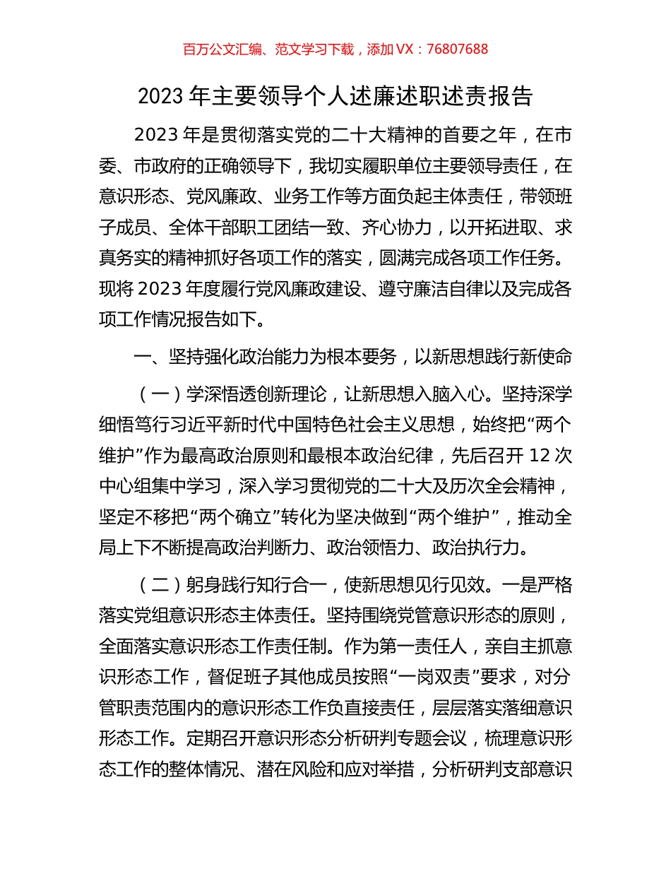 2023年主要领导个人述廉述职述责报告.docx_第1页