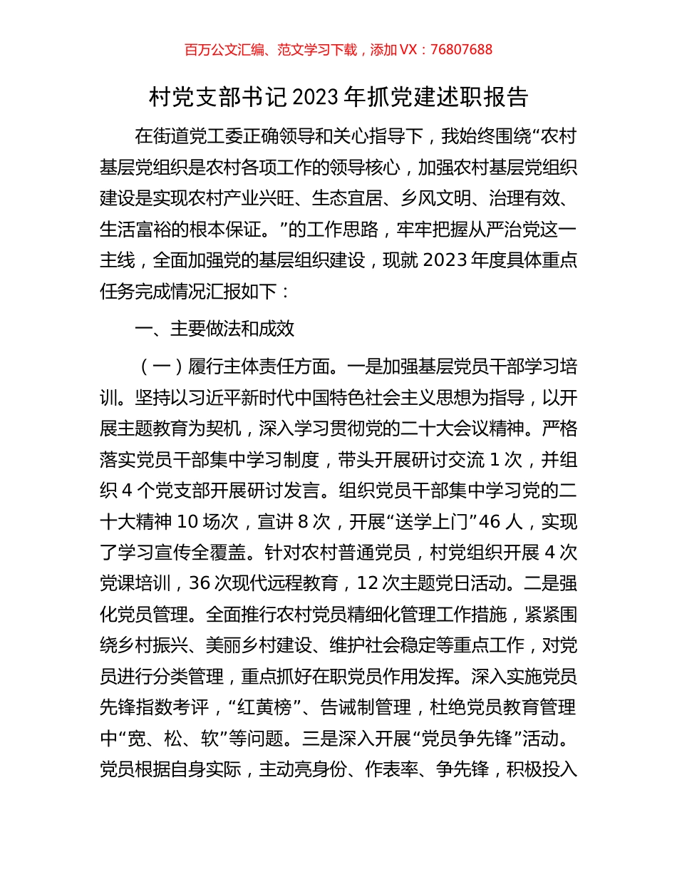 村党支部书记2023年抓党建述职报告.docx_第1页