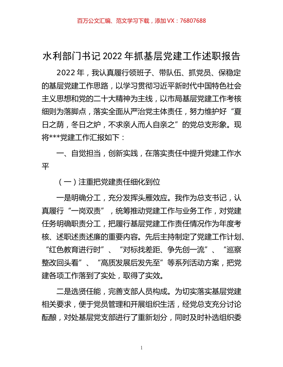 -水利部门书记2022年抓基层党建工作述职报告.docx_第1页