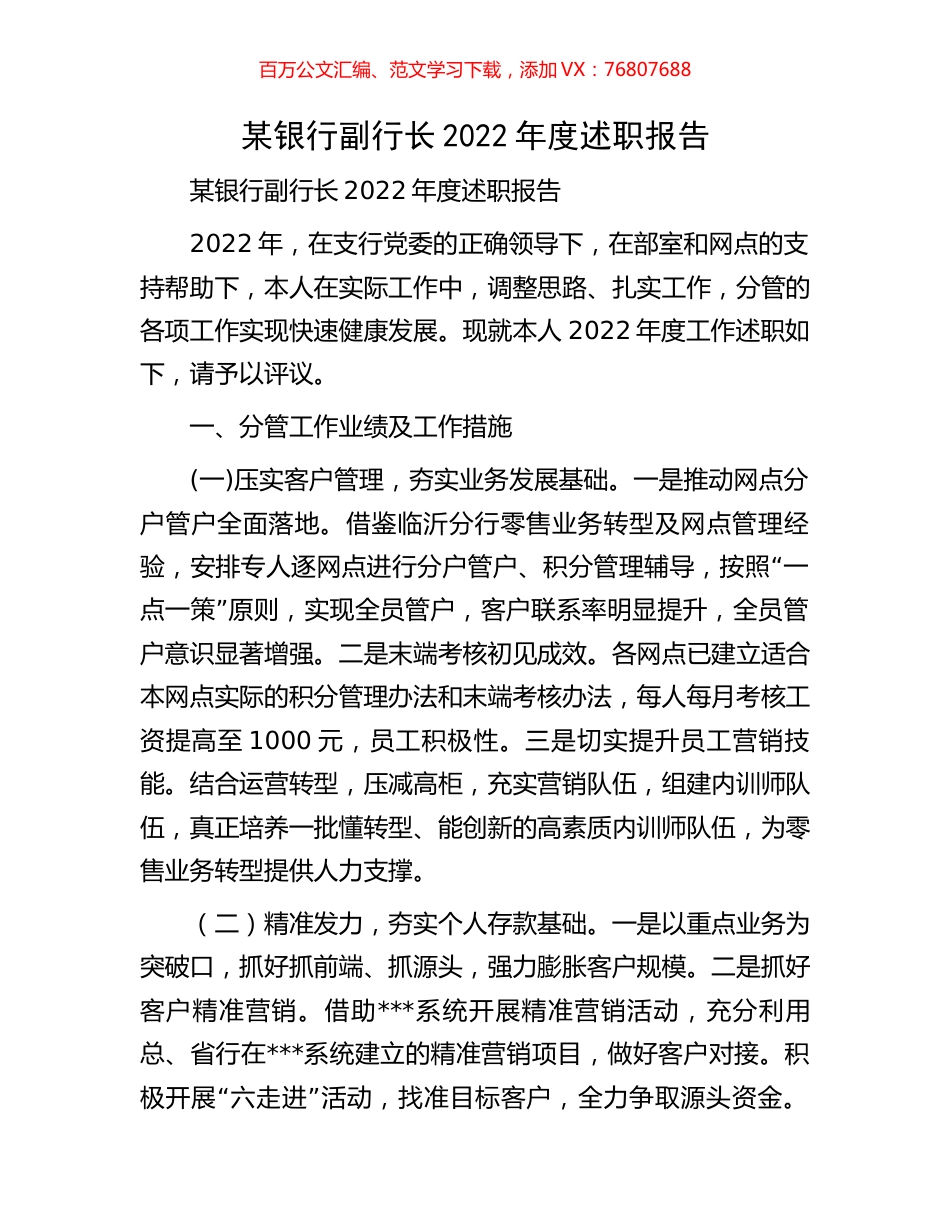 某银行副行长2022年度述职报告.docx_第1页