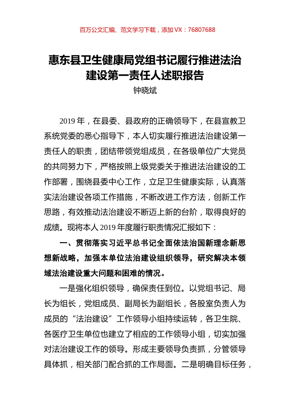 钟晓斌：惠东县卫生健康局党组书记履行推进法治建设第一责任人述职报告.docx_第1页