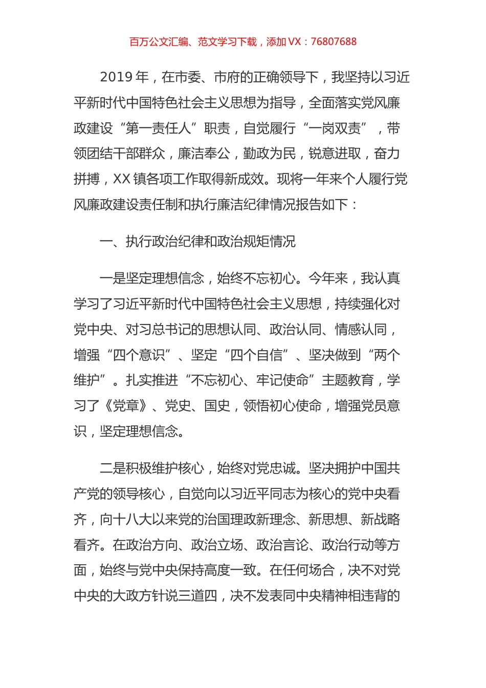 2019年度镇党委书记个人述责述廉报告.doc_第1页