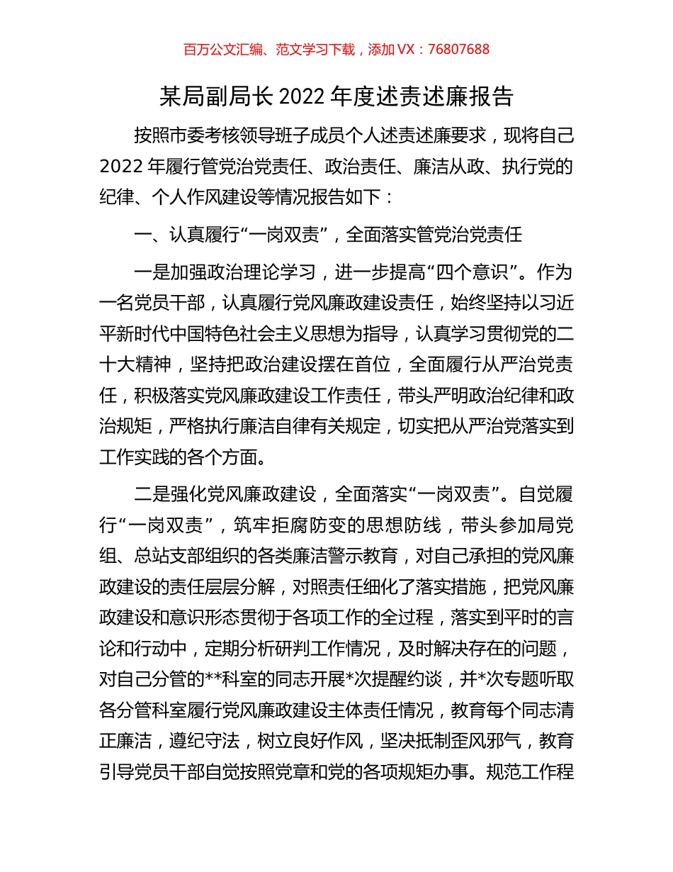 某局副局长2022年度述责述廉报告.docx_第1页