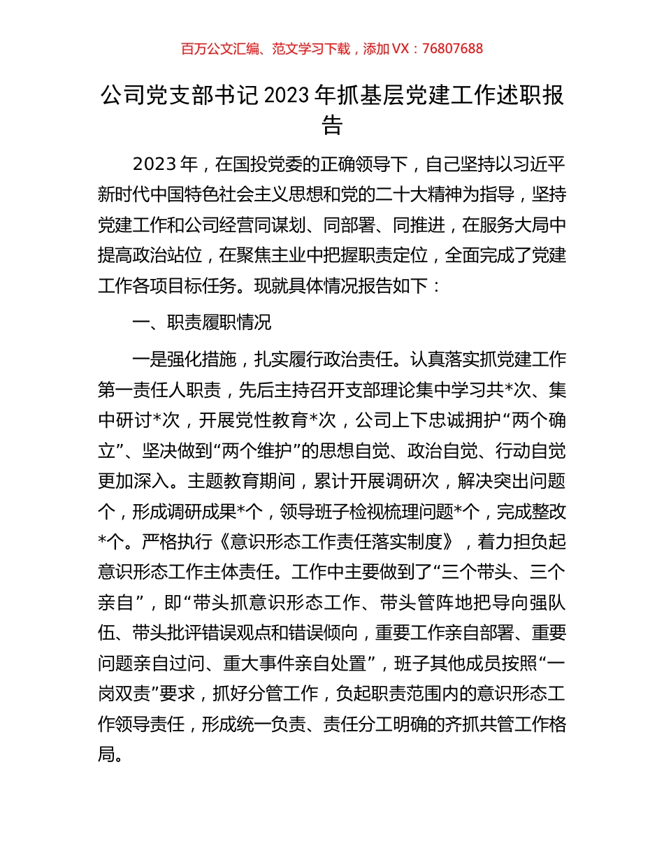 公司党支部书记2023年抓基层党建工作述职报告.docx_第1页