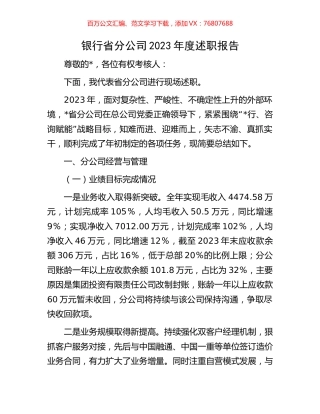 银行省分公司2023年度述职报告.docx