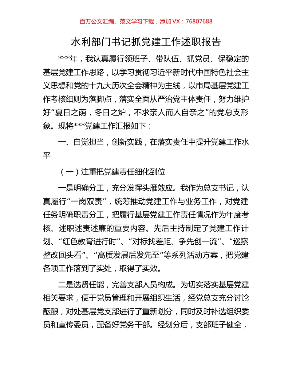 水利部门书记抓党建工作述职报告.docx_第1页