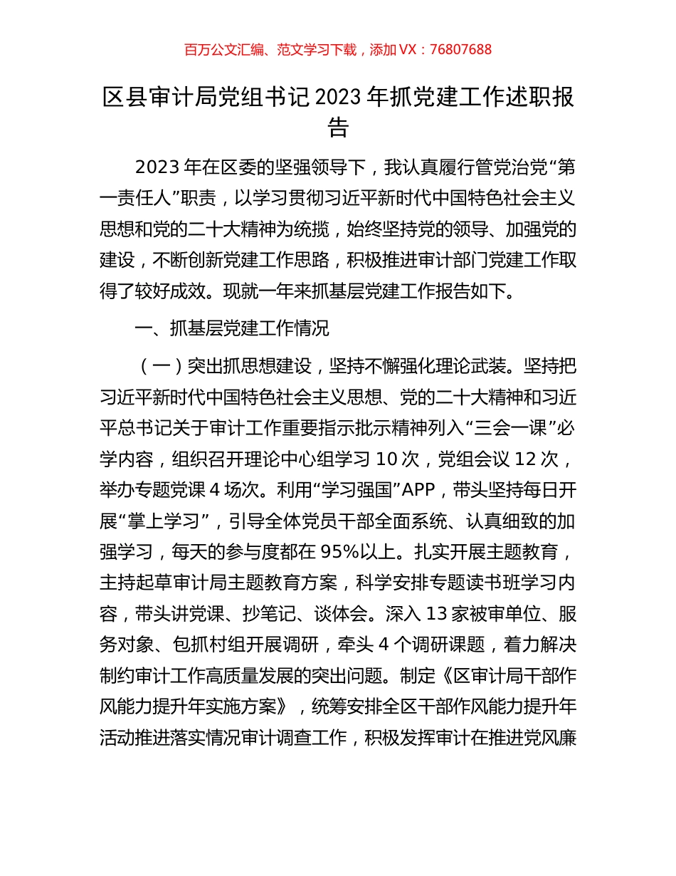 区县审计局党组书记2023年抓党建工作述职报告.docx_第1页