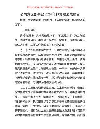 公司党支部书记2024年抓党建述职报告.docx