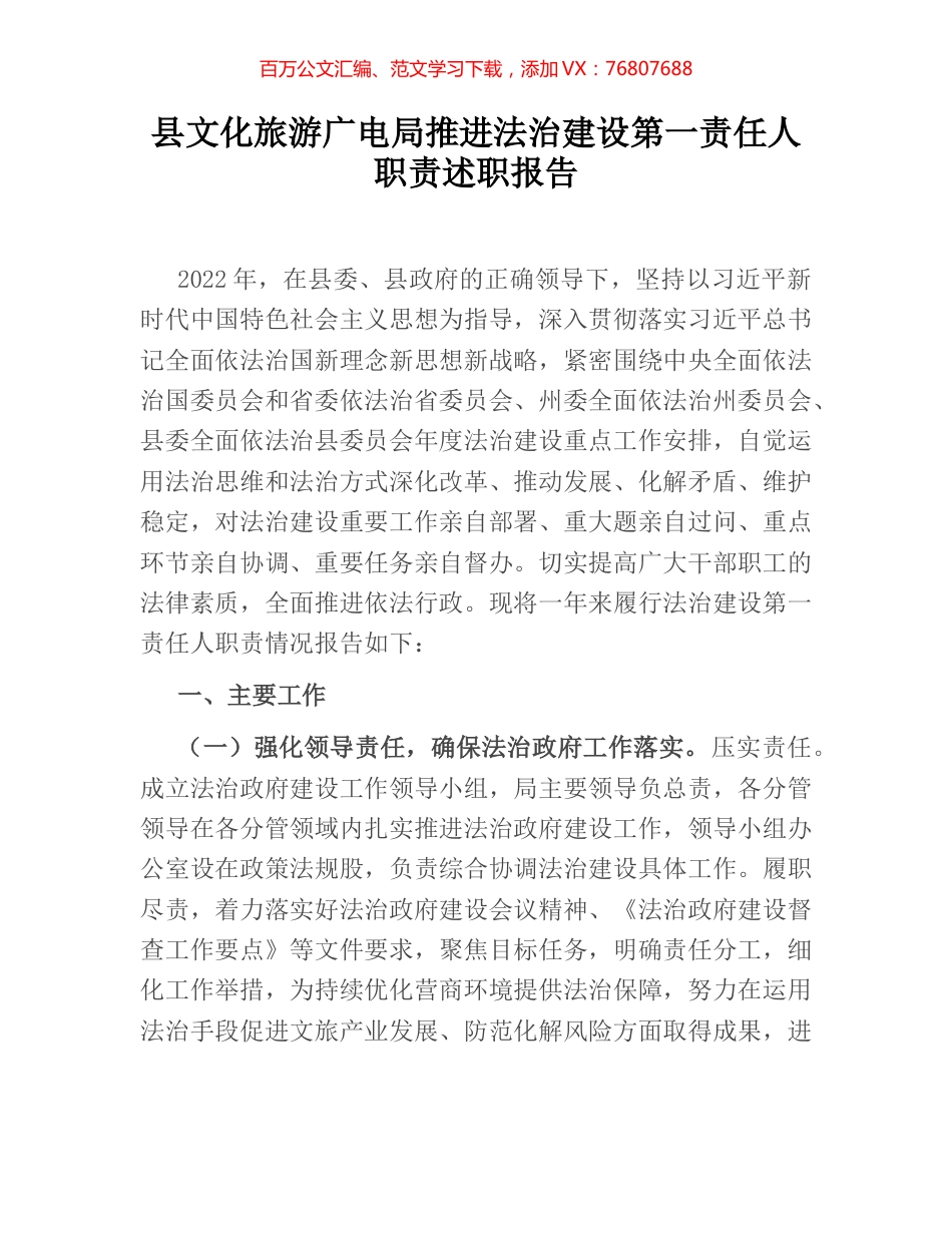 县文化旅游广电局推进法治建设第一责任人职责述职报告.docx_第1页