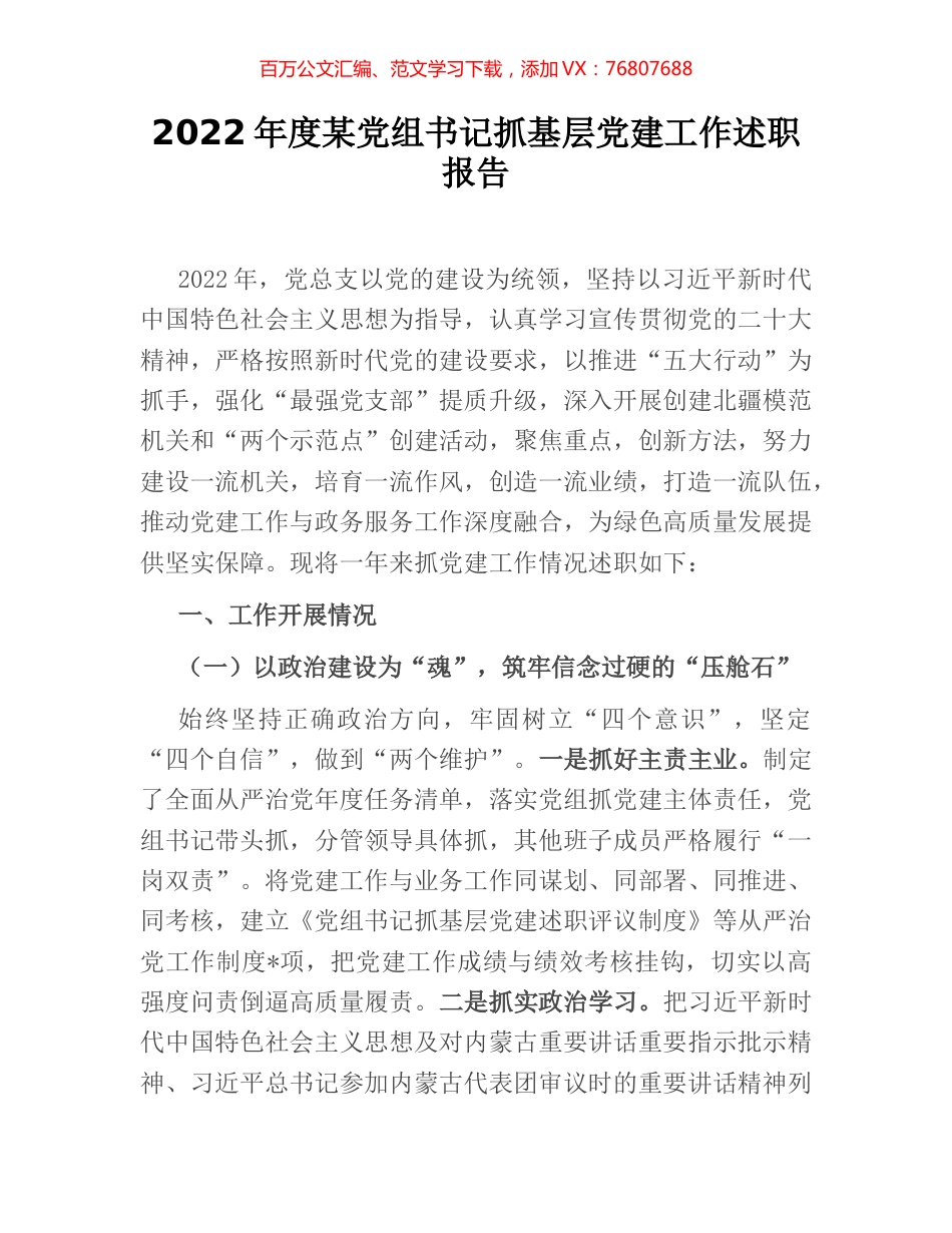 2022年度某党组书记抓基层党建工作述职报告.docx_第1页