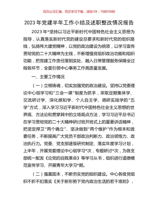 2023年党建半年工作小结及述职整改情况报告.docx
