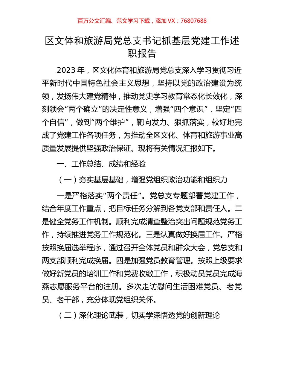 区文体和旅游局党总支书记抓基层党建工作述职报告.docx_第1页