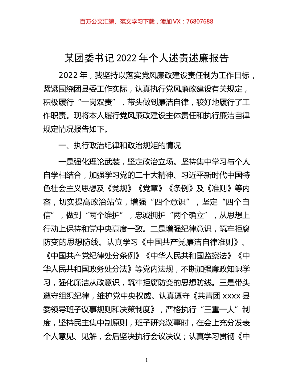 -某团委书记2022年个人述责述廉报告.docx_第1页