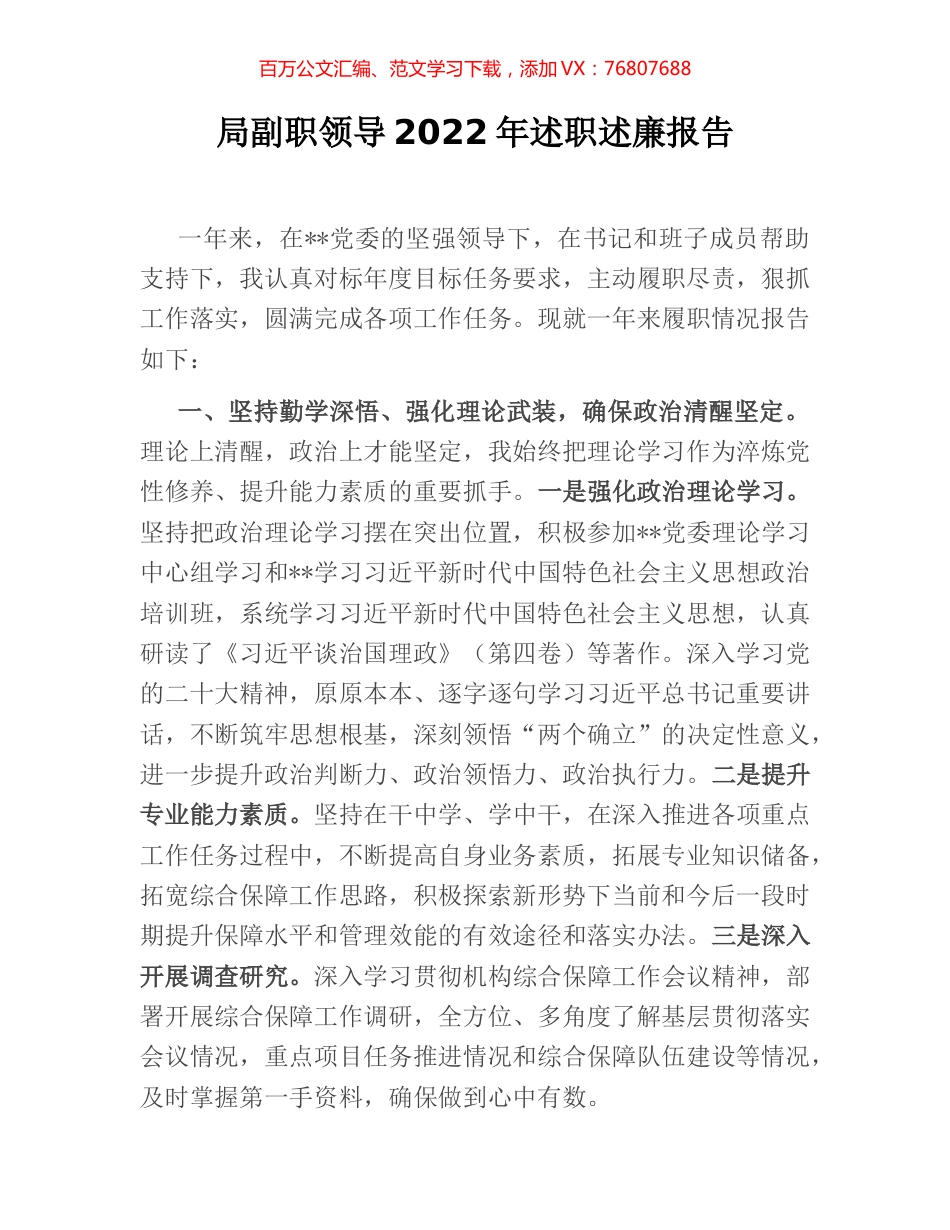 局副职领导2022年述职述廉报告.docx_第1页