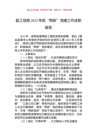 县工信局2023年抓“两新”党建工作述职报告.docx