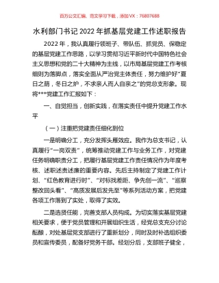 水利部门书记2022年抓基层党建工作述职报告.docx