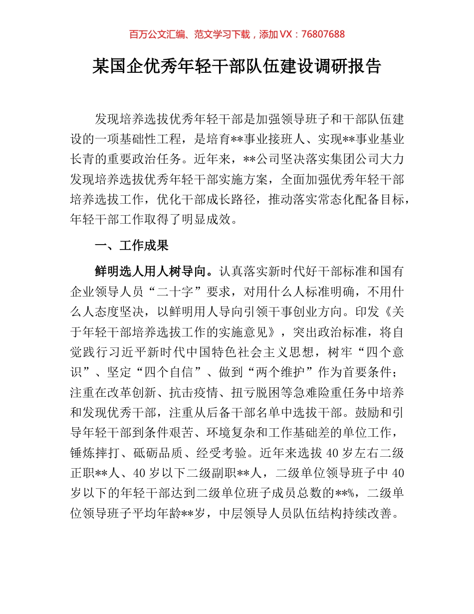 某国企优秀年轻干部队伍建设调研报告.docx_第1页