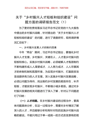 关于“乡村振兴人才短板和组织建设”问题方面的调研报告2篇.docx