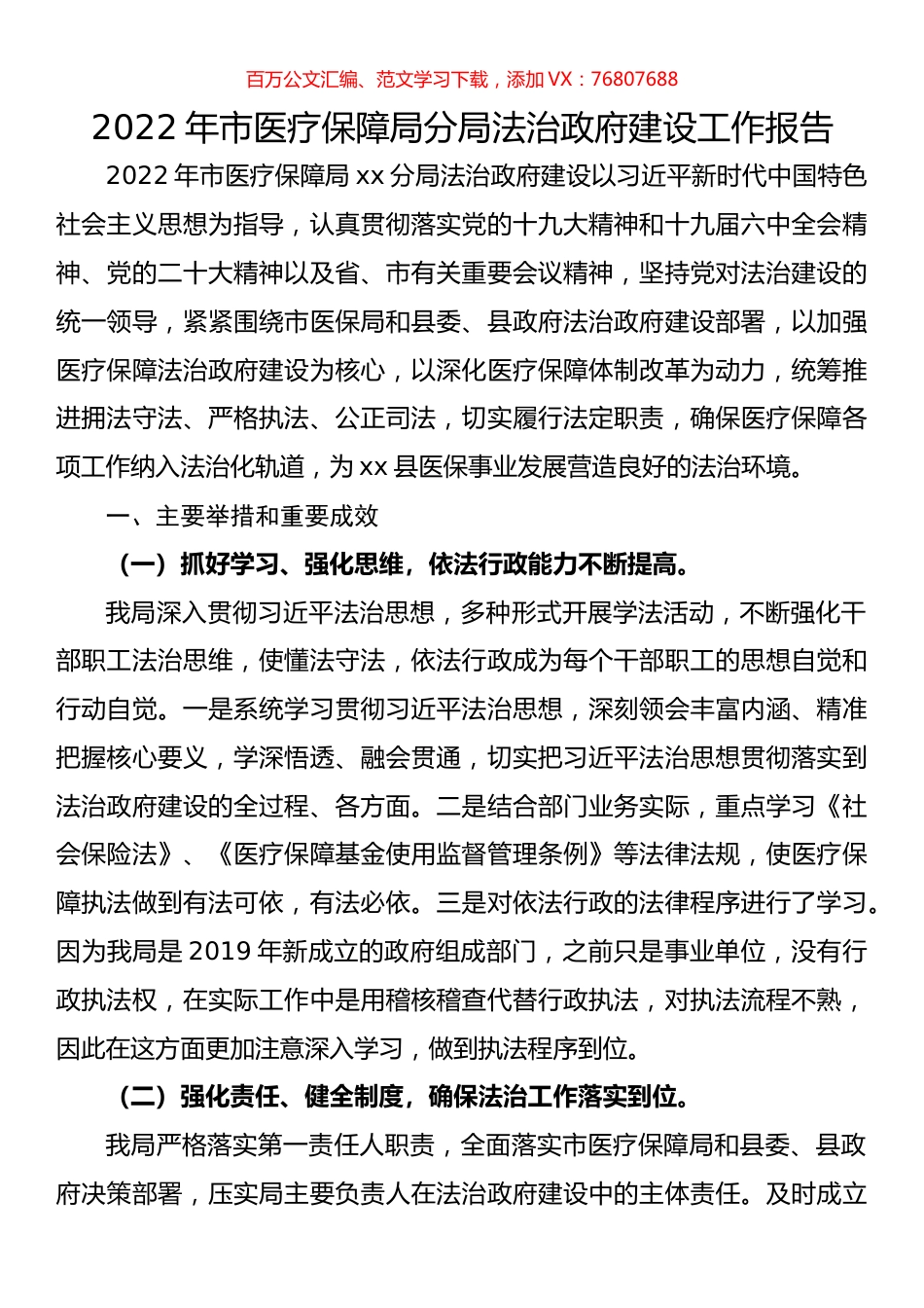 2022年市医疗保障局分局法治政府建设工作报告.docx_第1页