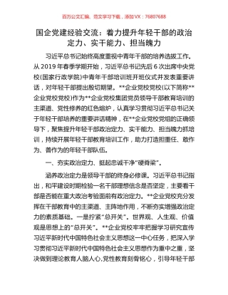 国企党建经验交流：着力提升年轻干部的政治定力、实干能力、担当魄力.docx