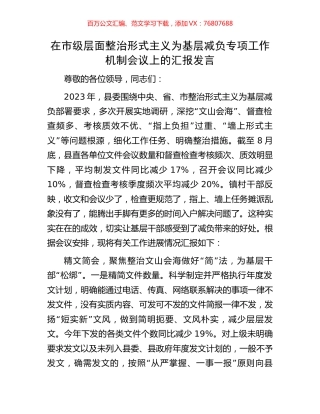 在市级层面整治形式主义为基层减负专项工作机制会议上的汇报发言.docx