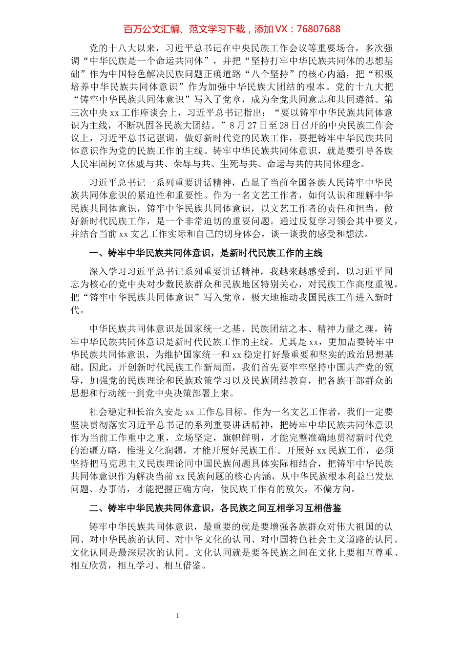 做好民族工作研讨发言：铸牢中华民族共同体意识为推进文化润疆贡献力量​​​​​​​​​​​​​​.docx_第1页
