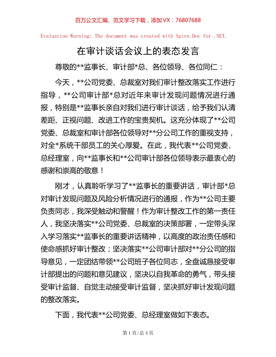 20221015在审计谈话会议上的表态发言.docx_第1页