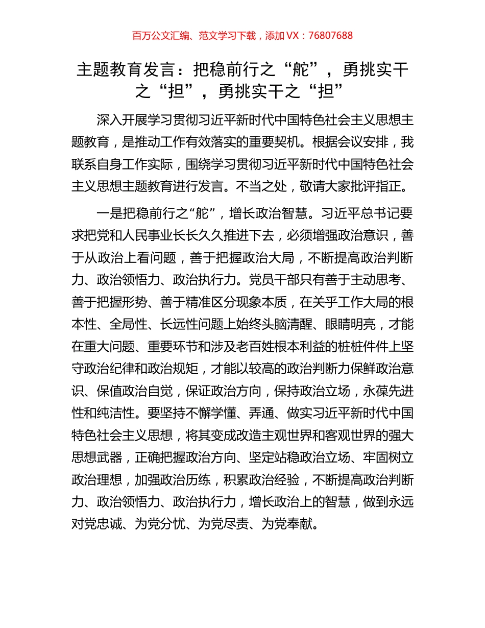 主题教育发言：把稳前行之“舵”，勇挑实干之“担”，勇挑实干之“担”.docx_第1页
