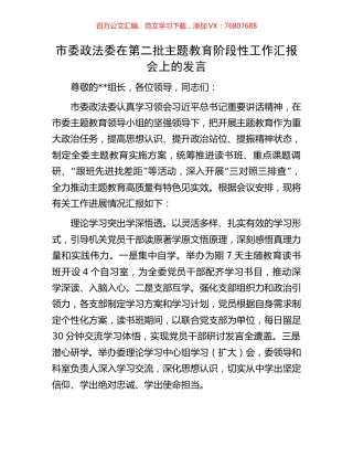 市委政法委在第二批主题教育阶段性工作汇报会上的发言.docx