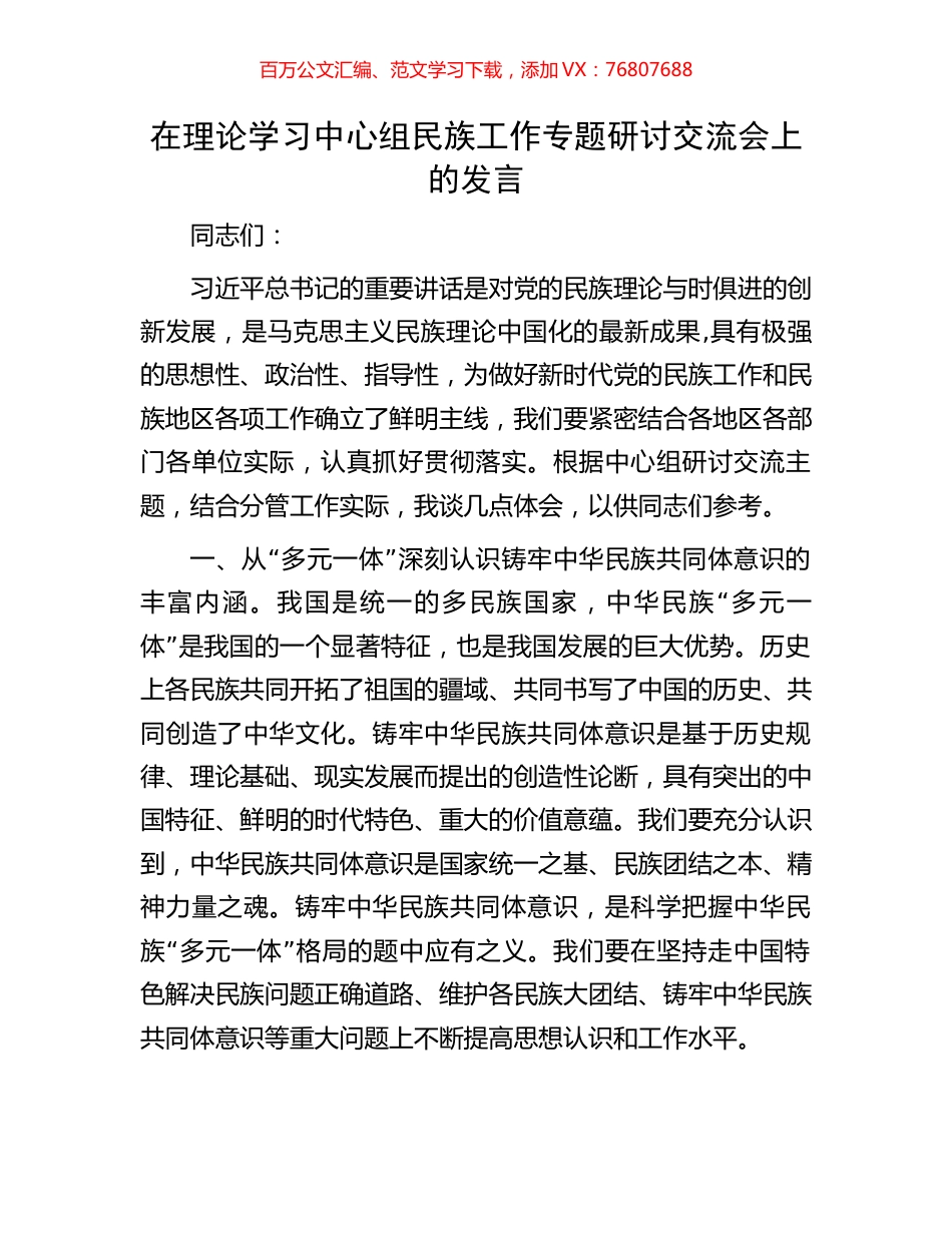 在理论学习中心组民族工作专题研讨交流会上的发言.docx_第1页
