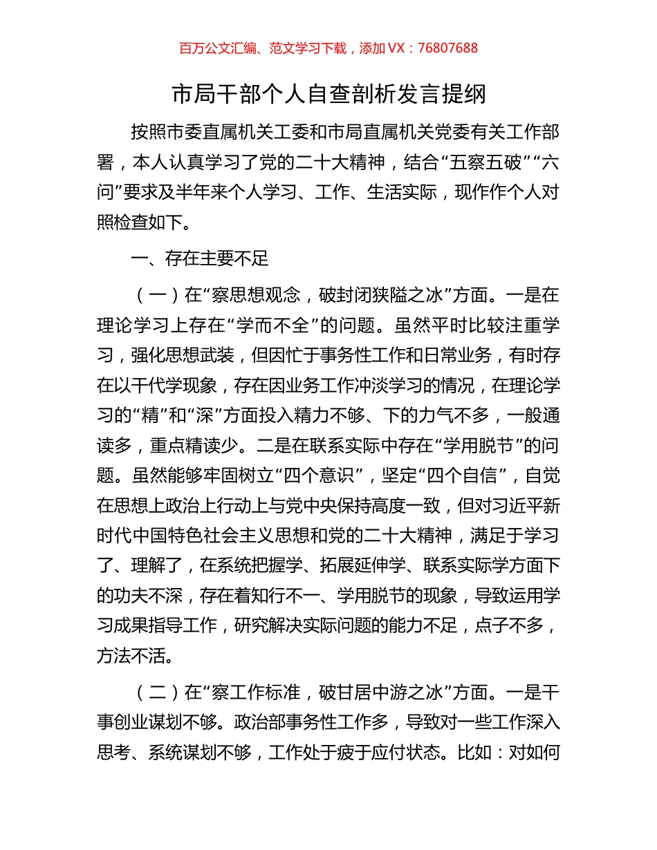 市局干部个人自查剖析发言提纲.docx_第1页