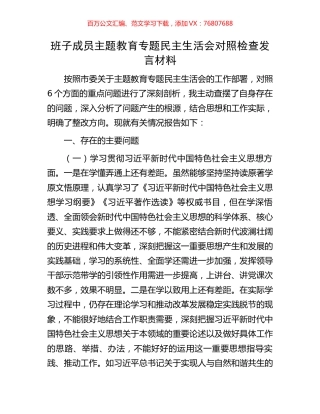 班子成员主题教育专题民主生活会对照检查发言材料.docx