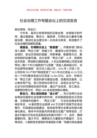 社会治理工作专题会议上的交流发言.docx