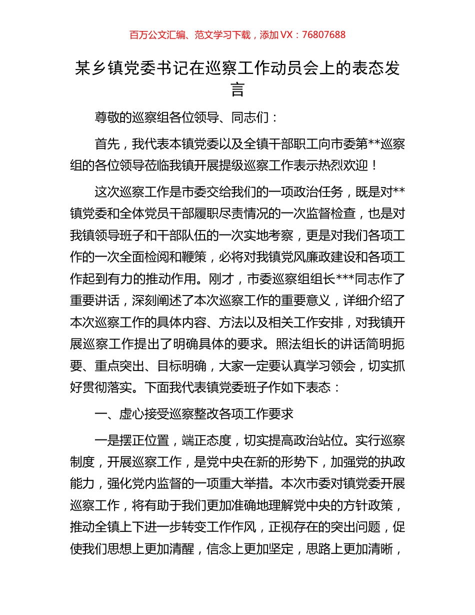 某乡镇党委书记在巡察工作动员会上的表态发言.docx_第1页
