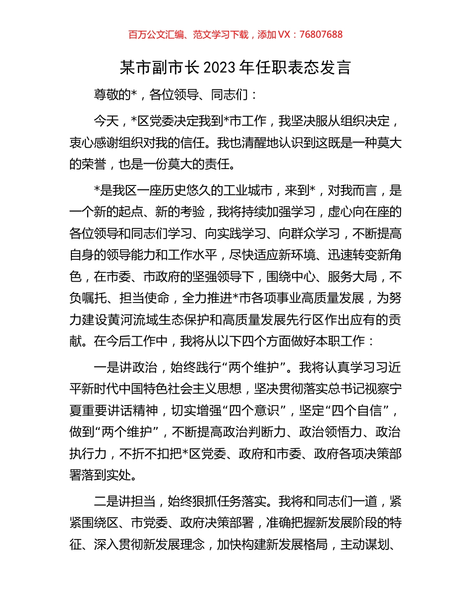 某市副市长2023年任职表态发言.docx_第1页