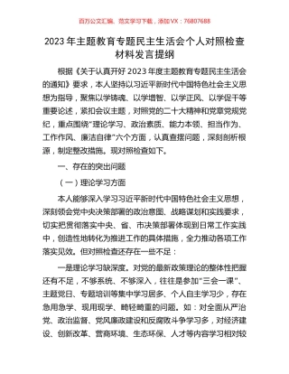 2023年主题教育专题民主生活会个人对照检查材料发言提纲.docx