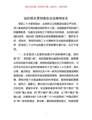 -组织部长贯彻落实会议精神发言.docx