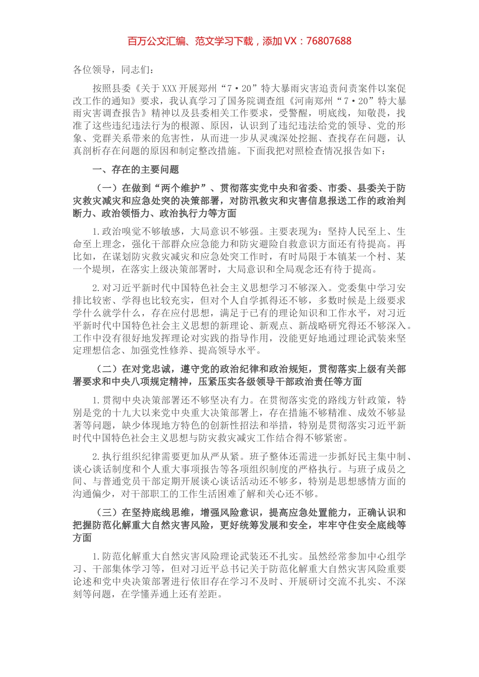 郑州“7.20”特大暴雨灾害追责问责案件以案促改民主生活会发言.docx_第1页