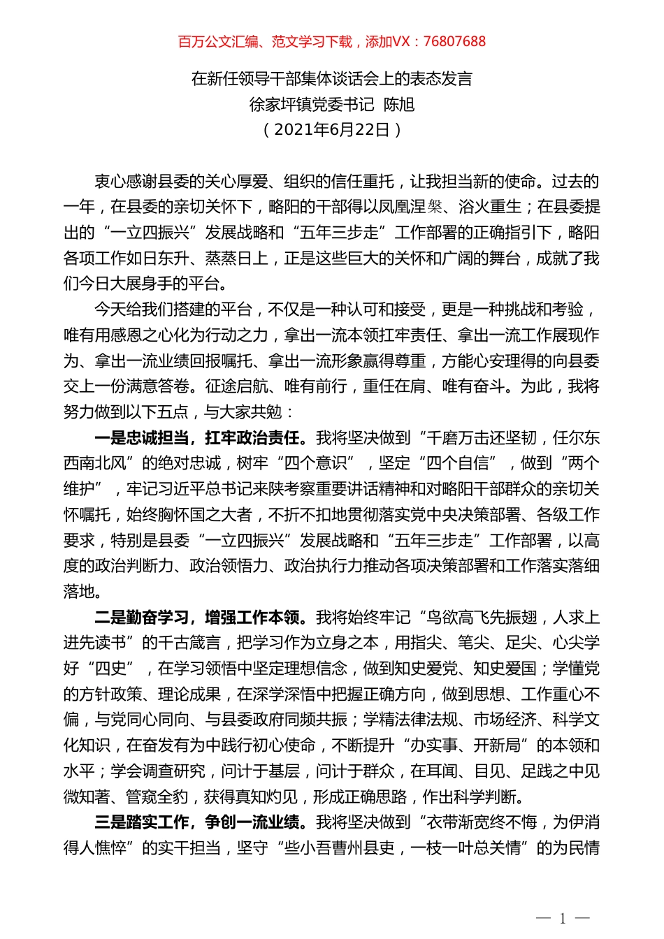 徐家坪镇党委书记陈旭：在新任领导干部集体谈话会上的表态发言.doc_第1页