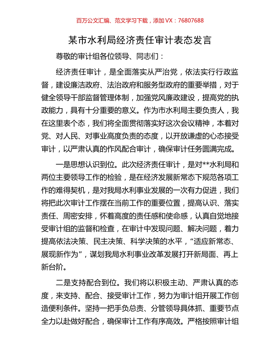某市水利局经济责任审计表态发言.docx_第1页