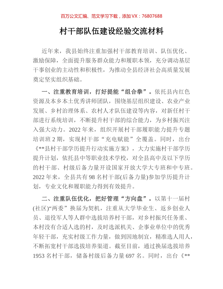 村干部队伍建设经验交流材料.docx_第1页