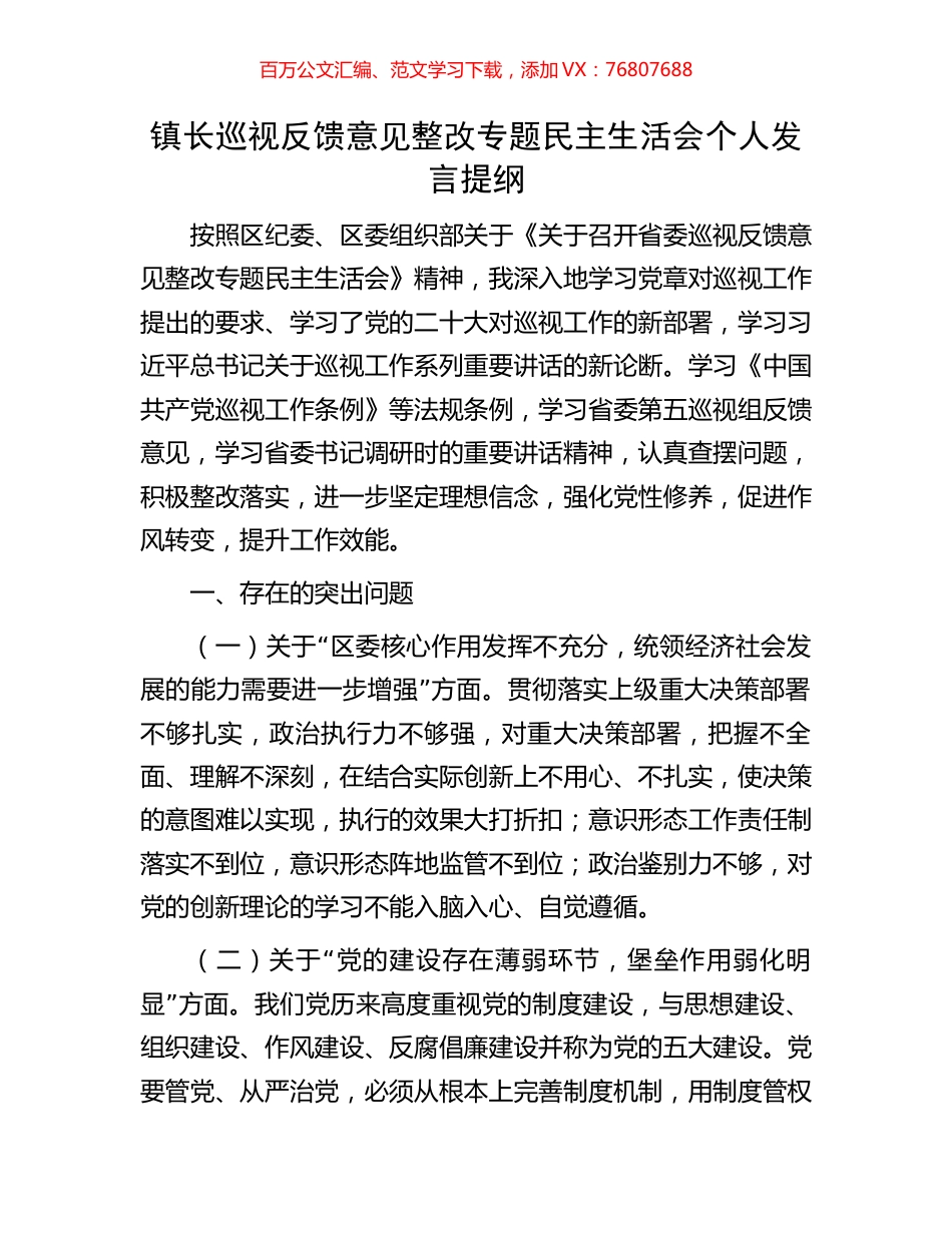 镇长巡视反馈意见整改专题民主生活会个人发言提纲.docx_第1页