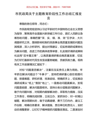市民政局关于主题教育阶段性工作总结汇报发言.docx