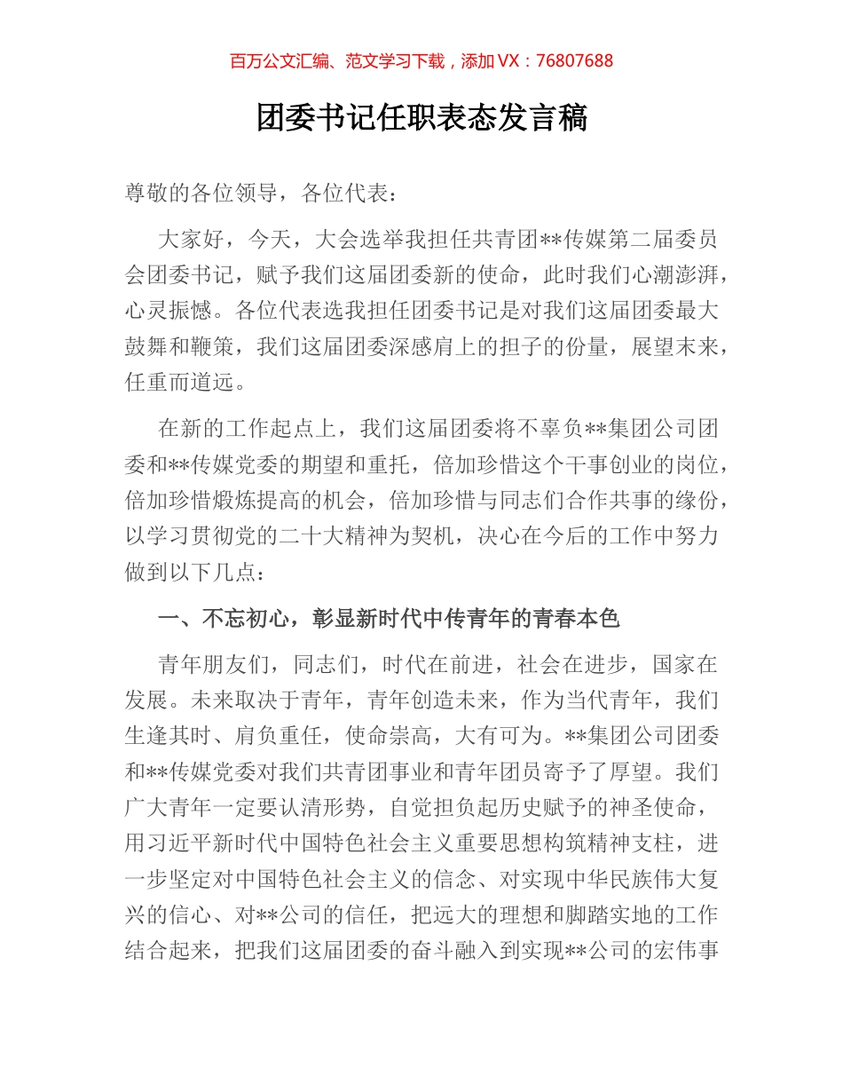 团委书记任职表态发言稿.docx_第1页